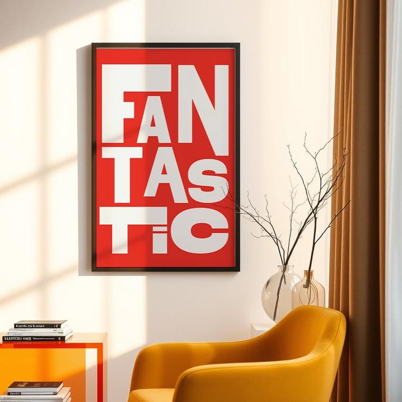 bold typography poster, trendy poster, modern wall art, modern poster print, word poster, fantastic, affirmation poster, bold colors, red poster, blue poster, red and white poster, office poster, gift for her, gift for art lover, bauhaus poster