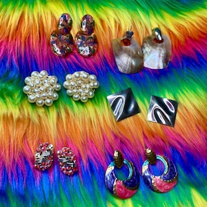 vintage lot of earrings - assorted stud and clip-on statement earrings - 80s 90s retro colorful gold silver rainbow