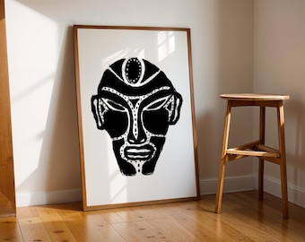 Abstract Face Mask Art Print: Minimalist Black and White Poster Brazilian Culture