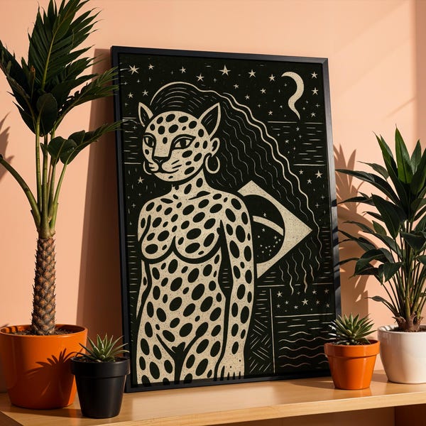 Lámina artística de Mujer Onça: Espíritu del Jaguar Brasileño, Decoración de Pared Femenina Cultura Brasileña