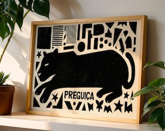 Black Panther "Preguiça" Laziness Print: Pantera preguiçosa, Minimalist Silhouette Wall Art Geometric BrazilIan Culture Onça Jaguar