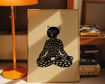 Meditative Jaguar Woman Art Print | Spiritual Feminine Wall Art | Jaguar Goddess Illustration | Modern Folk Art Decor