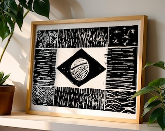 Brazilian Flag Linocut-style Print: Black and White Brazil Wall Art