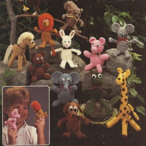 Finger Puppets PDF Crochet Pattern #435 12 Designs Dog Lion Mouse Squirrel Rabbit Monkey Frog Giraffe Horse Bear Pig Elephant Download Only
