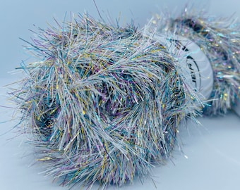 Pink, Blue, Gold with Light Grey Eyelash Dazzle #71344 Ice Yarns Metallic Eyelash 100g 153y