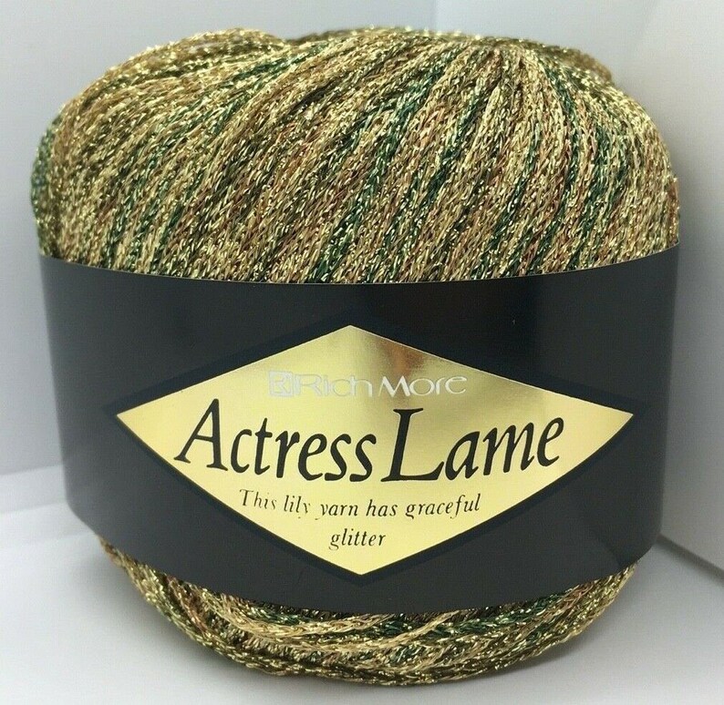 25 grams 114 Yards Made in Japan Hamanaka Actress Lam\u00e9 Yarn #3 Green Brown Gold Rich More Fine Weight Sparkly Poly Acrylic