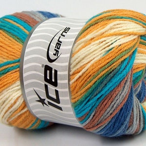 Magic Light #70346 Turquoise Blue Brown Camel Cream + Ice DK Acrylic Yarn 393 yards 100 grams / 3.53 ounces Pastel Medley Self-Striping Yarn