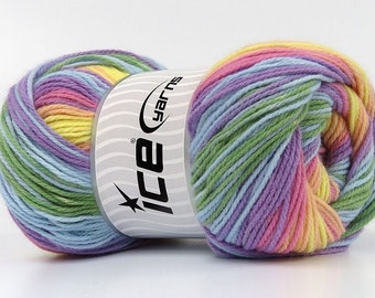 Magic Light #80845 Pastel Rainbow Ice Yarns Pink Blue Lilac Yellow Green Orange Ice DK Acrylic Yarn 393 yards Self-Striping Yarn