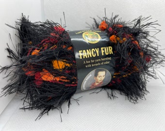 Lion Brand Fancy Fur #255 Jungle Print - Black Eyelash with Orange and Red  Bobble Poofs - 50 grams, 39 yards