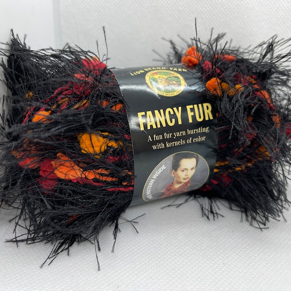 Lion Brand Fancy Fur #255 Jungle Print - Black Eyelash with Orange and Red Bobble Poofs - 50 grams, 39 yards