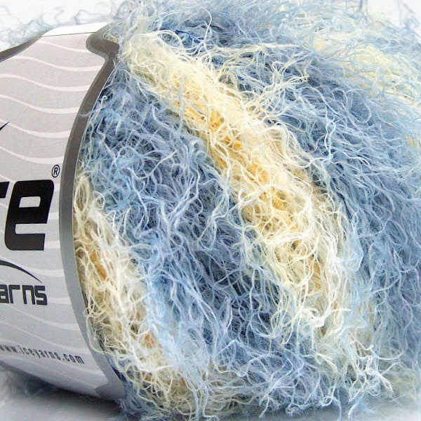 Blue Yellow White Modena Viscose 59580 Ice Yarns Soft Striping Wool Blend Eyelash 50 grams 71 yards