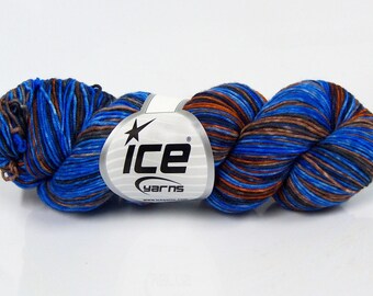 May include: A skein of Ice Yarns brand yarn in shades of blue, brown, and orange. The yarn is tightly wound and features a speckled pattern. A white tag with the Ice Yarns logo is attached to the yarn.