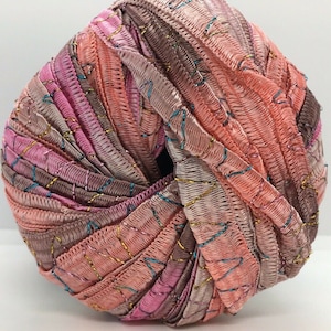 Tinkerbella Berlini Wide Ribbon Yarn #14 Rosalita - Pinks, Brown, Beige, Metallic Glitter Thread ZigZig - 50 gram 33 Yards 5/8&quot; wide
