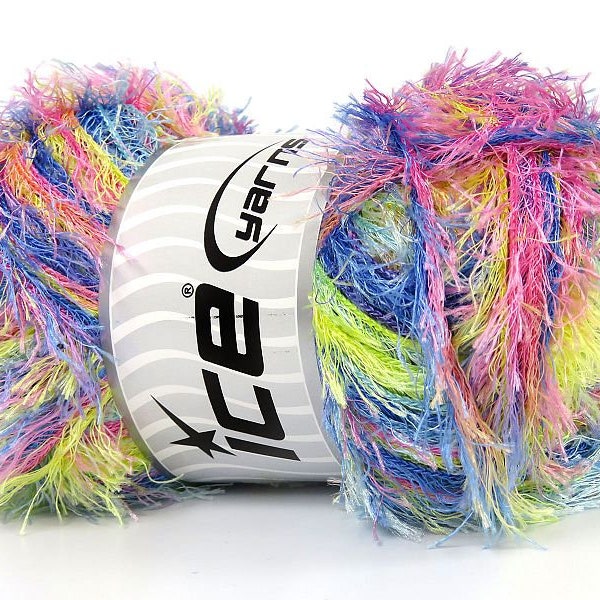 Eyelash Rainbow 80537 Ice Yarns Pink Blue Mint Green Yellow Bora Bora Eyelash Yarn Polyester 3.53 oz (100 gr) 164 yd (150 m) New