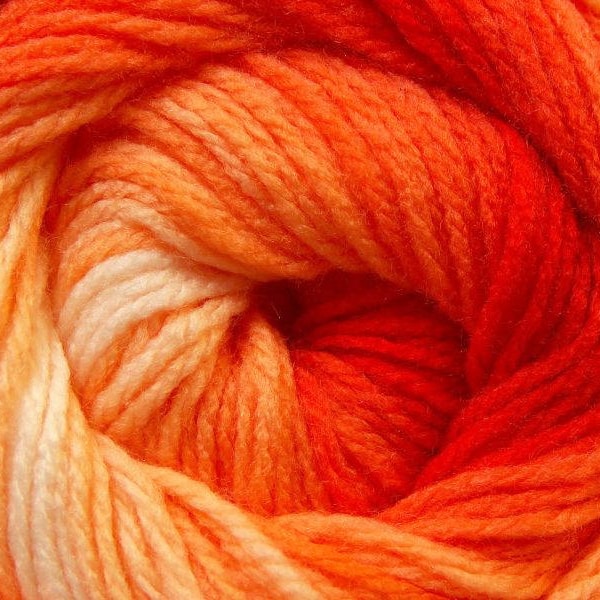 100 gram Magic Light #22020 Oranges Dark Orange-Red to Palest Peachy Orange w/ Cream White Ice DK Acrylic Yarn 393 yards Self-Striping Yarn