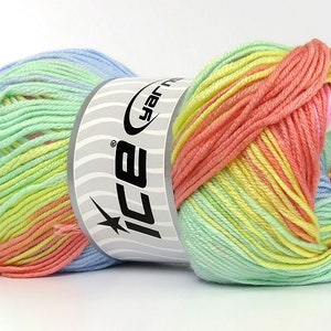 May include: A ball of yarn with a rainbow color pattern in shades of blue, green, yellow, orange, and pink. The yarn is labeled "Ice Yarns".