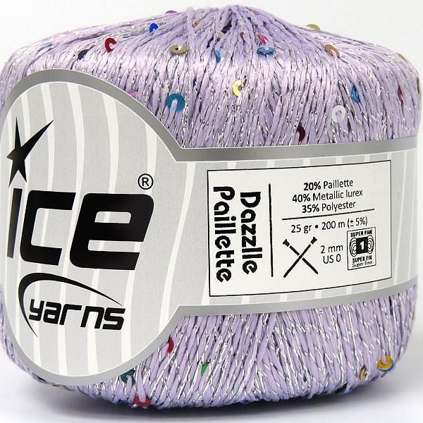 Dazzle Paillette Lilac, Silver with Rainbow Mini Sequins Yarn 80904 Ice Yarns 25 Grams (.88 oz) 200 m (218 Yards)