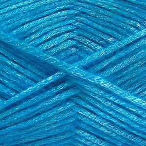 May include: Close-up of a skein of bright turquoise yarn. The yarn is soft and fluffy, with a slight sheen.