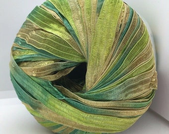 Memento - Berlini Ribbon Yarn #43 Brilliant Herbs - Greens, Tan-Gold - 3/8&quot; Wide, 50 Grams, 88 Yards