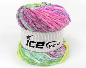 Chenille Splash Rainbow Cake Yarn Pink Green Blue Yellow 83261 Ice Yarns Worsted 150g (5.29 oz) 260 m (284 yards)