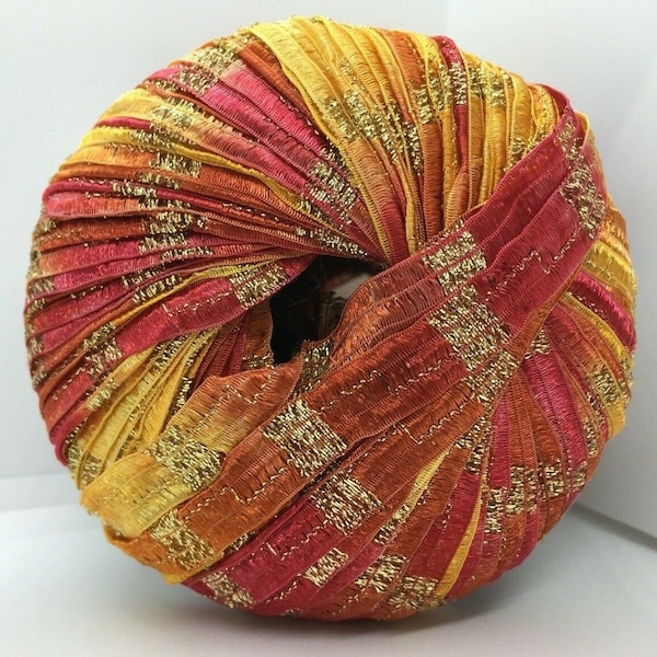 Memento Royale - Berlini Glitter Ribbon Yarn #85 Tequila Sunrise - Red, Orange, Yellow with Gold Metallic - 3/8" Wide, 50 Gr, 88 Yds