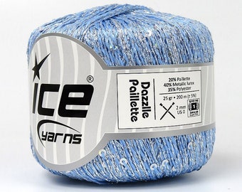 Dazzle Paillette Light Blue, Silver with Iridescent Mini Sequins Yarn 80901 Ice Yarns 25 Grams (.88 oz) 200 m (218 Yards)
