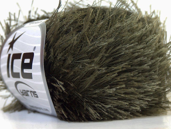 Dark Khaki Green 22788 Ice Eyelash Yarn Solid Green Fun Fur 82 Yards