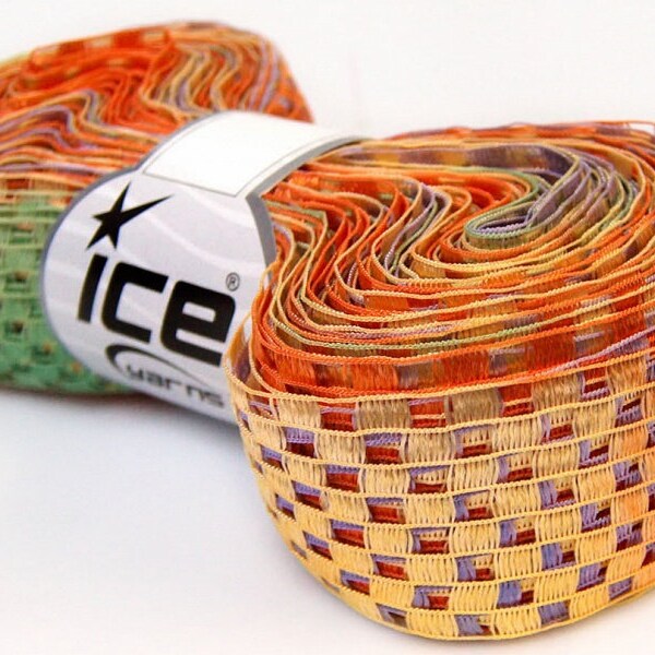 Spring Checkers Ice Super Wide Ladder Ribbon Yarn 1 3/8" x 38yds 100gram 32619 - Yellow Orange Lilac Green