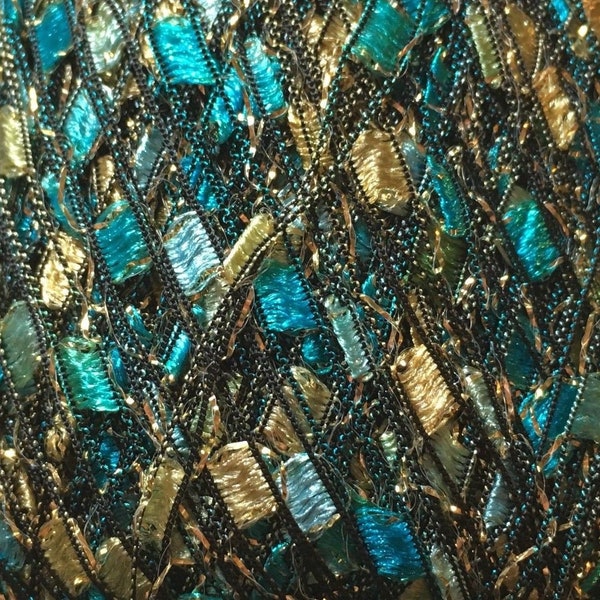Seashore Glitz Ladder Ribbon Yarn Dark Horse Beautiful #S103 Blue Green Tan Gold Metallic RR Trellis Ribbon for Fiber Jewelry Scarves