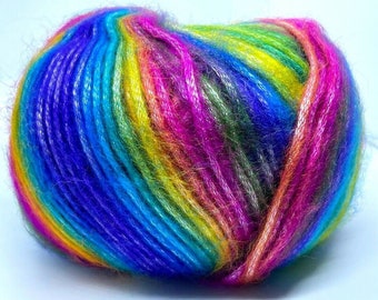 Picasso Rainbow II - Ice Yarns 64627 Blue Purple Green Yellow Orange Fuchsia Self-Striping Fuzzy w/ Subtle Sheen, 50gr 125yd