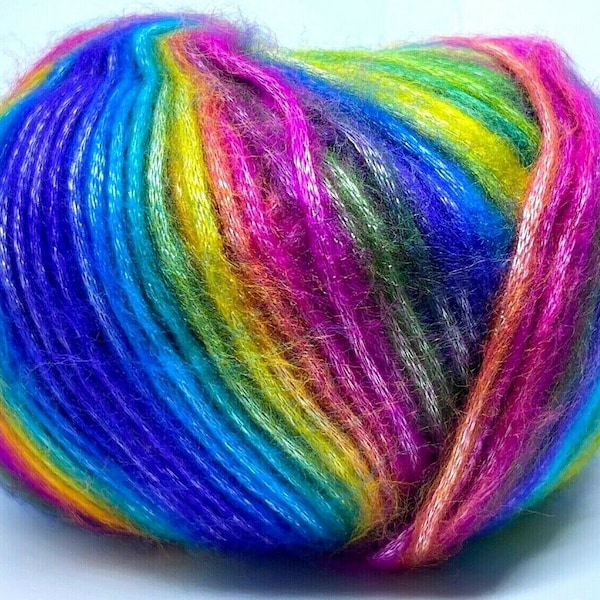 Picasso Rainbow II - Ice Yarns 64627 Bleu Violet Vert Jaune Orange Fuchsia Auto-Striping Fuzzy w / Subtle Sheen, 50gr 125yd