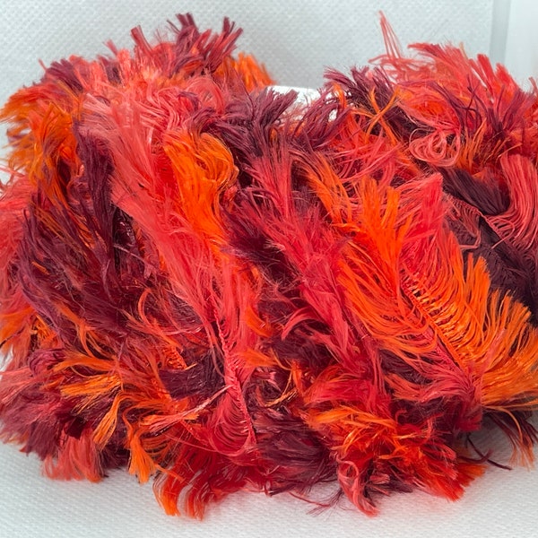 Crystal Palace Splash #7179 "Flame" Orange Burgundy Red - Feather Boa Short Eyelash Yarn 100 gram 85 Yards