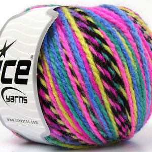 Pink, Yellow, Blue, Black Anatolia Wool Acrylic Blend DK Weight Yarn 80025 Ice Yarns 50 Grams (1.75 ounces) 125 meters (136 yards)