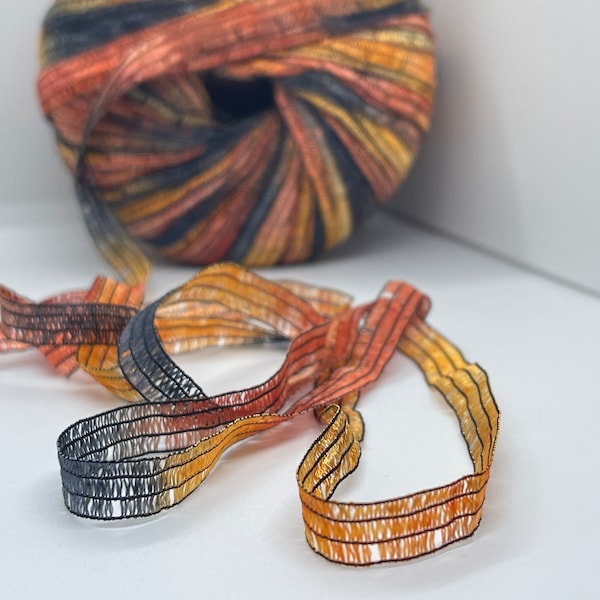 Knitting Fever KFI Giglio Ribbon Yarn #56 Variegated Orange Black + Pin-striped Space-Dyed 50 gram (1.76 ounces) 99 yards 1/4" wide