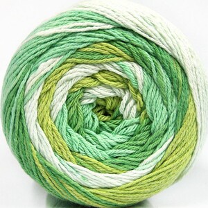 Può includere: Un gomitolo di filato nelle tonalità del verde e del bianco. Il filato è ben avvolto, con un effetto sfumato dal verde chiaro allo scuro. Il filato è adatto per progetti di maglia o uncinetto.