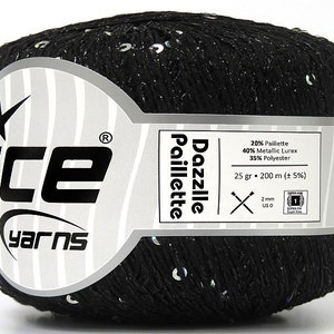 May include: A black ball of yarn with silver sequins. The label reads "Dazzle Paillette" and lists the yarn composition as 20% Paillette, 40% Metallic Lurex, and 35% Polyester. The label also states that the yarn is 25 grams and 200 meters long.