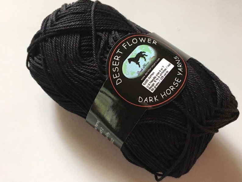 Dark Horse Yarns Desert Flower Mercerized Cotton Yarn #800 Black 50 Gr 125 Yds Sport or DK depending on gauge Gorgeous All Cotton!