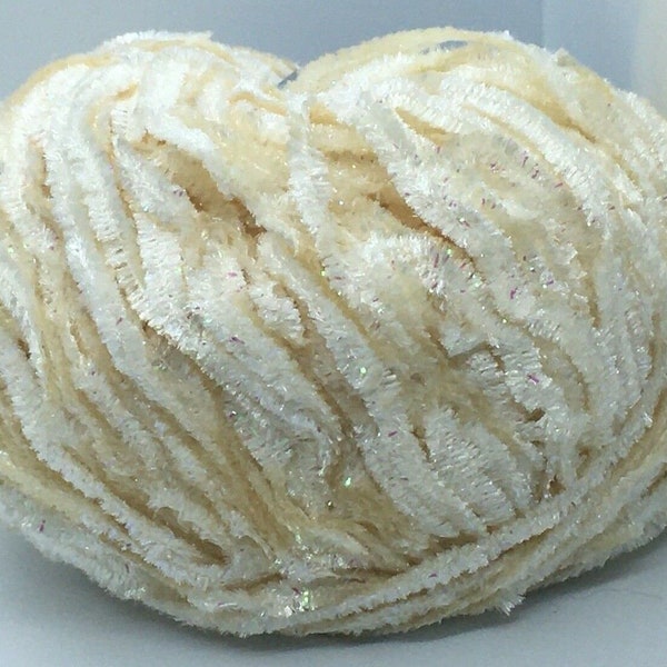 Ivory Iridescent Sparkle Yarn - Ice 67659 Chenille w/ Metallic Accent 50 grams 60 yards - Cream Sparkle Chenille