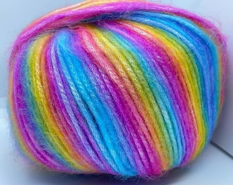 Picasso Rainbow Ice Yarns 64626 Blue Purple Green Yellow Orange Pink Self-Striping Fuzzy with Subtle Sheen, Polyester, Acrylic 50gr 125yd