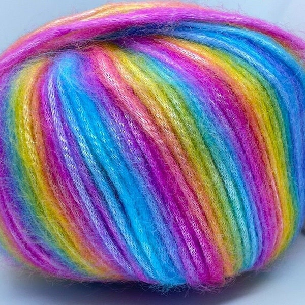 Picasso Rainbow Ice Yarns 64626 Blue Purple Green Yellow Orange Pink Self-Striping Fuzzy with Subtle Sheen, Polyester, Acrylic 50gr 125yd