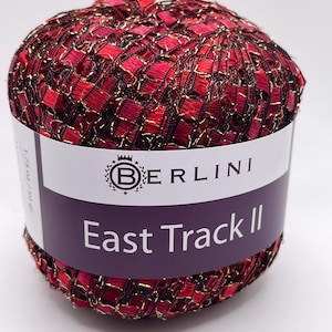 Berlini East Track II #42 Bright Rose - Red with Gold Metallic Accent Ladder Ribbon Yarn 50 Gram 82 Yards
