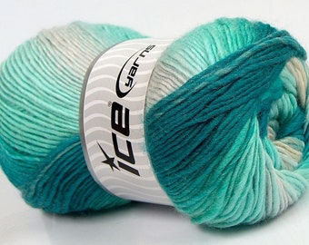 Lana Bella Turquoise, Sea-foam, White #58141 Ice Yarns Wool Blend Self-Striping 100gr 273y