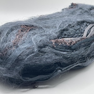 May include: A skein of blue and gray yarn with a fuzzy texture and woven strands of silver and copper.