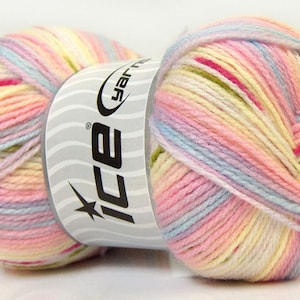 100gr Baby Design #22048 Pastel Medley - Yellow, Pink, Lilac, Blue, Green  Design Self-Striping and Patterning Acrylic Yarn 393yds