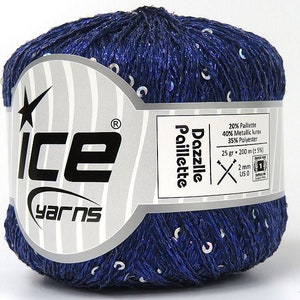 May include: A skein of blue yarn with silver sequins, labelled "Dazzle Pailette" with the brand name "Ice Yarns". The yarn is 20% pallette, 40% metallic lurex, and 35% polyester. The skein is 25 grams and 200 metres long.