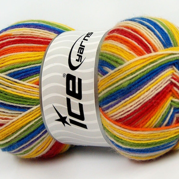 Smart Sock Yarn Ice #67420 Self Striping Rainbow Superwash Wool & Nylon - Bright Colors Red Orange Yellow Green Blue + 100 Grams, 437 Yards