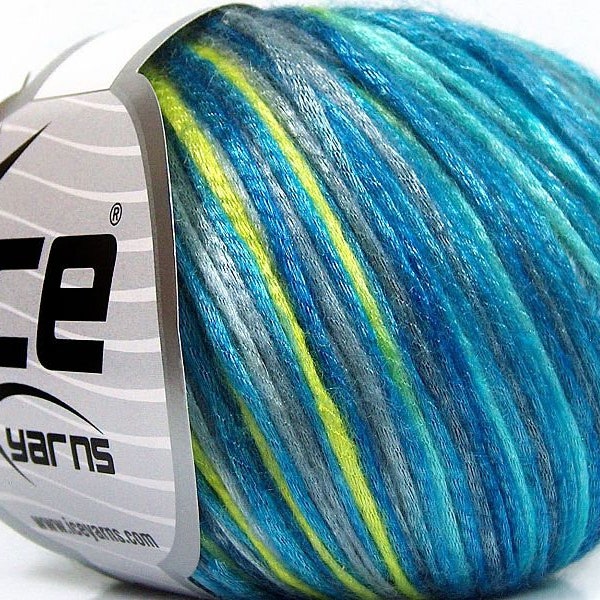 Rockabilly Color #66220 Turquoise Blue Silver Grey Green Ice Yarns Fuzzy Soft Shiny - 50 grams, 136 yards, Tencel Nylon