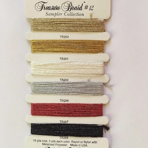 Rainbow Gallery Treasure Braid #12 Sampler Collection - 6 fios metálicos coloridos - ouro prata branco vermelho preto para ponto cruz 10ct T12C1