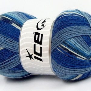Smart Sock Yarn Ice #67407 Moody Blues Self Patterning Superwash Wool & Nylon - 100 Grams, 437 Yards