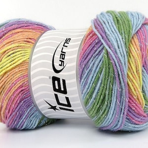 May include: A skein of multi-coloured yarn with silver glitter thread. The yarn is in shades of pink, purple, blue, green, and yellow. The yarn is labelled "Ice Yarns".